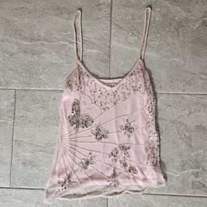 Y2K Pink Sequin Beaded Mesh Butterfly Top